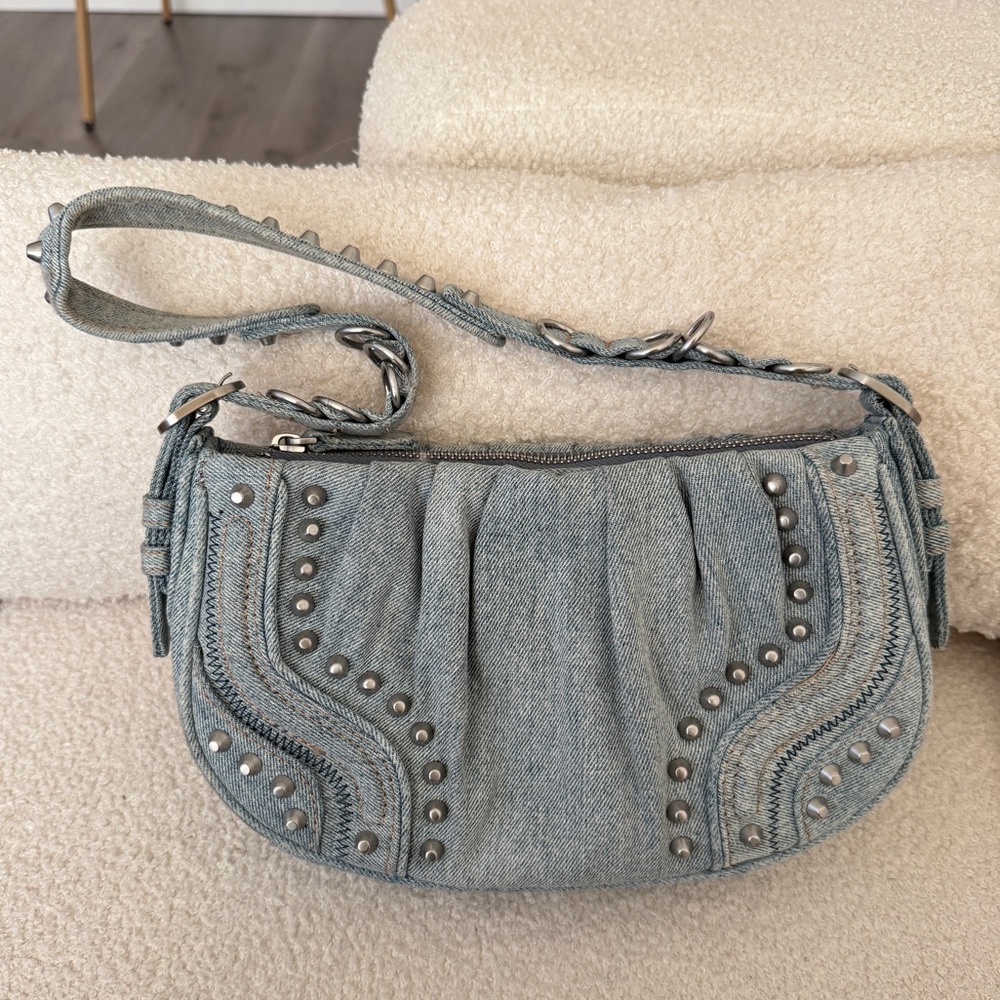 Zara Denim Shoulder Bag with Stud Accents